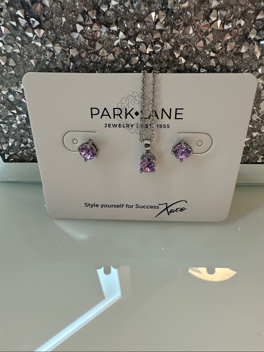 Park Lane Silver Mini Necklace & Stud Earrings with Light Purple Stones